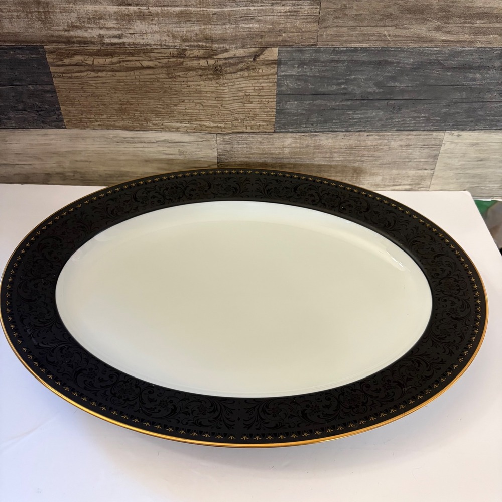 Noritake Benedicta 6976 Oval Serving Platter Black Gold Floral 16 Inch Japan